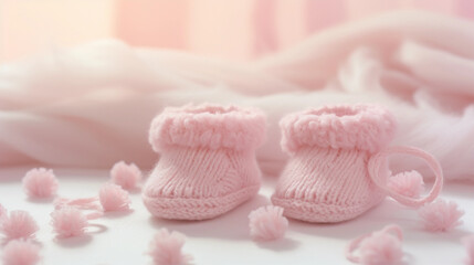 Knitted baby booties in pastel pink, lying on a soft white blanket, delicate morning light