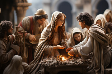 Obraz premium A nativity scene displayed in the church courtyard during the Christmas season. Generative Ai.