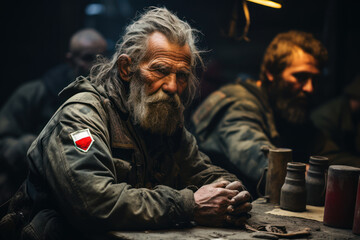 A group of veterans sharing stories of their service during pivotal moments in Polish history. Generative Ai.