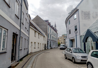 Street of the old Danish town of Aalborg, Denmark.