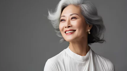 Fotobehang Happy and smiling attractive beauty asian senior woman, isolated on plain background studio portrait © Nuchylee