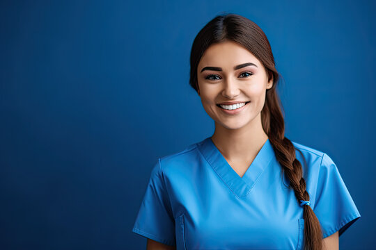 Portrait of a smiling female doctor or nurse wearing blue scrubs uniform on blue background.