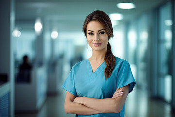 Portrait of young woman nurse at hospital corridor.