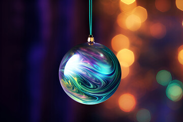 Christmas tree ball with swirling blue, green, and purple pattern on bokeh background. - obrazy, fototapety, plakaty
