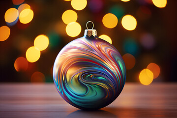 Christmas tree ball with swirling pattern on bokeh background.