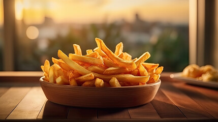 French fries on wooden table in the restaurant. Generative Ai - obrazy, fototapety, plakaty