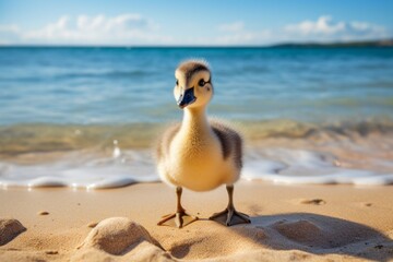 Adorable yellow canadian goose gosling perched on a sandy beach Generative Ai - obrazy, fototapety, plakaty
