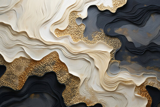 Golden white and black colour paint 3d stains abstract background. Elegant waves in different shapes