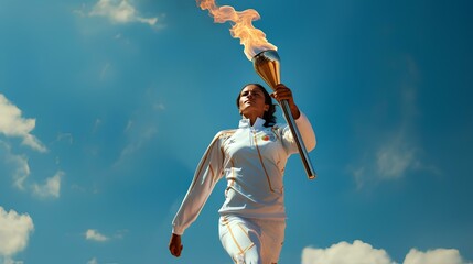 A female athlete solemnly carries the Olympic flame against the blue sky. - obrazy, fototapety, plakaty