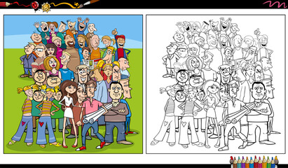 crowd of funny comic people characters group coloring page