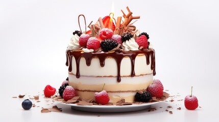 A cake with berries and chocolate on a plate
