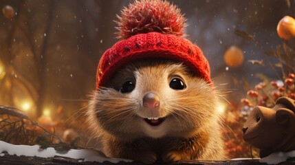 A hamster wearing a red hat and holding a bear - obrazy, fototapety, plakaty