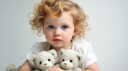 A little girl is holding two bears