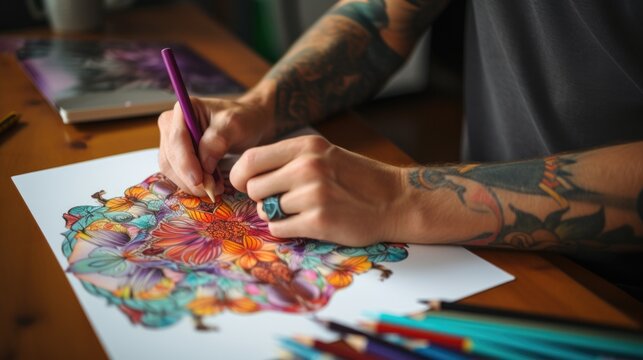 A man with tattoos is drawing on a piece of paper