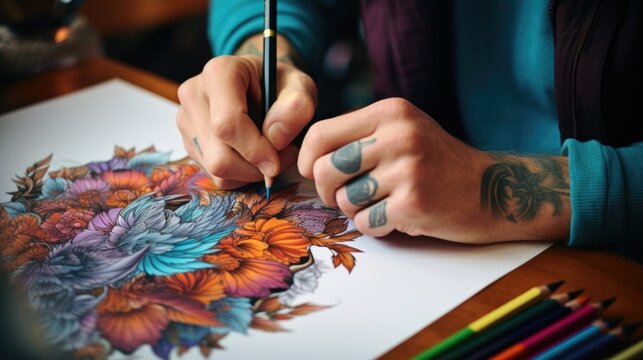 A person is drawing with colored pencils on a piece of paper