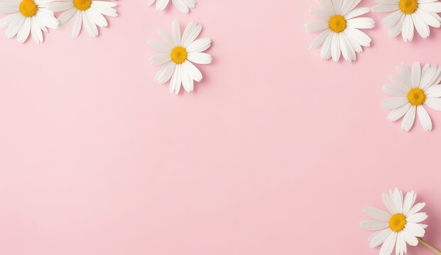 Concept with a minimal look. White chamomile daisy flowers on a light pink background. Spring, summer, and creative lifestyle concept. Copy space for text, advertising, message, logo