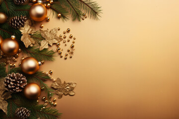 Christmas tree evergreen branches with golden ornaments and pine cones top table view minimal banner background with copy space winter holiday concept