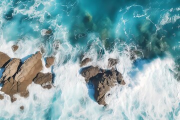 Aerial view of sea and rocks, ocean blue waves crashing into the bay Generative Ai