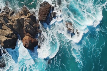 Aerial view of sea and rocks, ocean blue waves crashing  against the surf Generative Ai