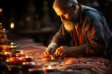 A skilled artisan crafting intricate patterns on a Persian rug, showcasing the region's rich textile heritage. Concept of craftsmanship in the Near East. Generative Ai.