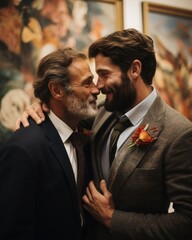 A touching moment at the wedding of a homosexual couple. The partners are happy and hug each other.