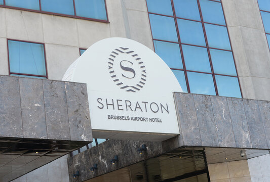 BRUSSELS, BELGIUM &ndash; SEPTEMBER 15, 2023: Entrance with logo of the Sheraton Hotel at Brussels Airport. Sheraton is an American hotels and resorts company, based in New York, since 1937