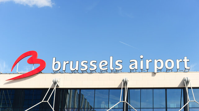 BRUSSELS, BELGIUM &ndash; SEPTEMBER 15, 2023: Text and logo on top of the building at Brussels Airport (BRU), an international airport and Belgium's national airport, exploited by Brussels Airport Company