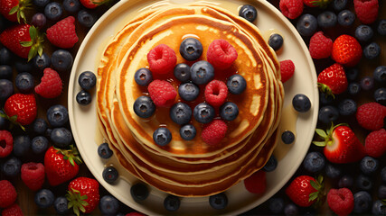 Pancakes with fresh berries, top view, close-up