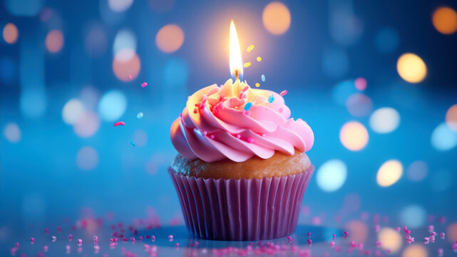 Birthday cupcake with burning candle on blue background with bokeh