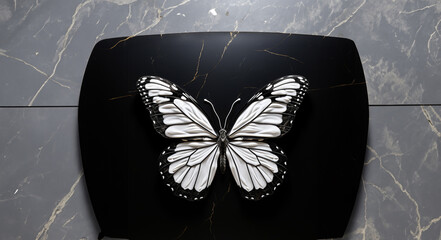 a butterfly on a black and white wall