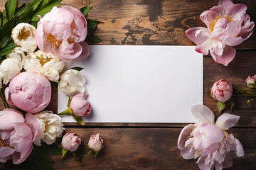 mockup white blank paper sheet with pink peonies top view on wooden background, template empty card flat lay for design with copy space