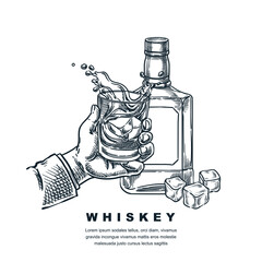 Man hand with scotch whiskey or bourbon glass. Vector hand drawn engraved sketch illustration of whiskey bottle - 656026853