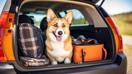 A dog sitting in the trunk of a car, ready to go on vacation journey, created by Generative Ai technology.