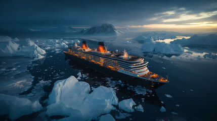 Aerial view of a glowing cruise ship in Antarctica at night