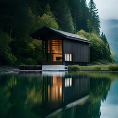 Fototapeta na wymiar house on the lake in forest, home in greenery, nature photography, travel destination, reflection of home in water
