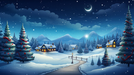 A lovely Christmas landscape. Village, houses with glowing windows, Christmas trees, mountains and a month in the sky. Cute New Year illustration.