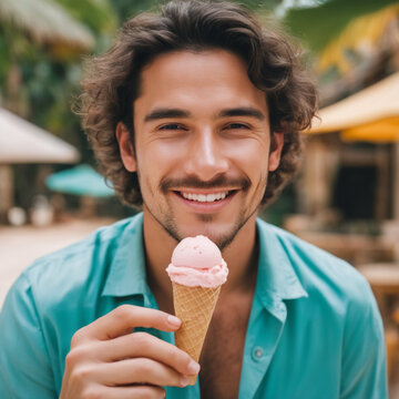 Hombre joven con perilla sujetando un helado y una playa con cabañas turísticas de fondo 