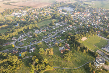 Aerial view on a little village in Europe, Sweden. A lot of private houses. Landscape architecture, urbanism. Comfortable city for living. 