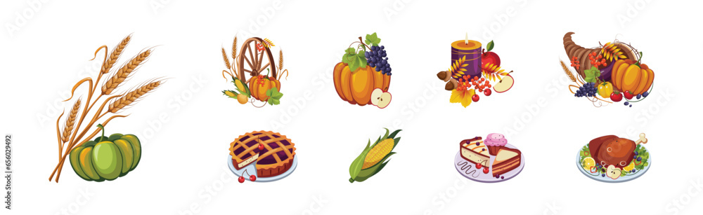 Poster happy autumn thanksgiving day objects and element vector set
