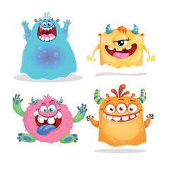 Cute cartoon Monsters set. Goblins, trolls and aliens. Halloween and birthday party characters. Vector illustrations collection.