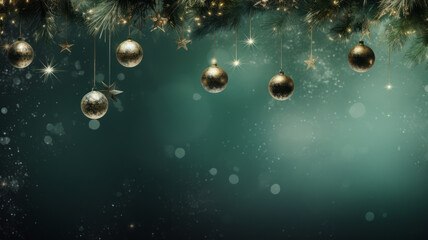 Christmas holiday banner template greeting card panorama - Group hanging gold and green Christmas balls, snowflakes, decorations on dark green, emerald background with plenty of copy space