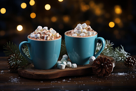 Two cups of Christmas hot chocolite with mini marshmallows. Copy space