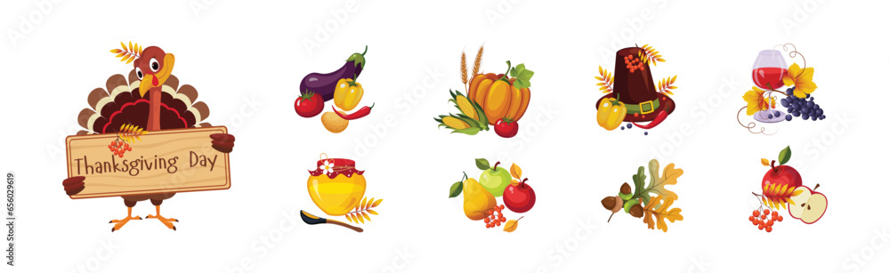 Aufkleber happy autumn thanksgiving day objects and element vector set