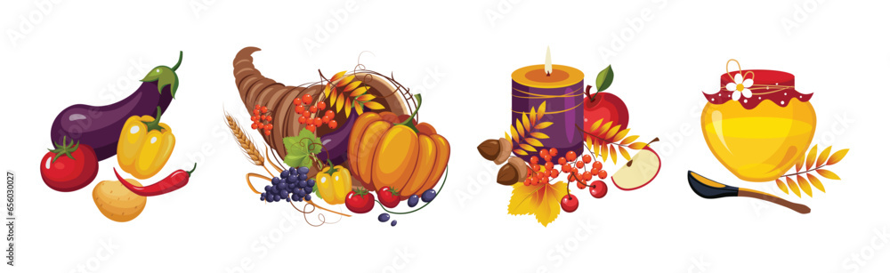 Poster happy autumn thanksgiving day objects and element vector set