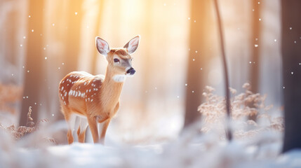 A curious deer explores the snow amidst a winter scene. Cute deer in snow white landscape under daylight. Scene of the magic and delicacy of the season.