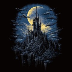 castle moon tower tshirt design mockup printable cover tattoo isolated vector illustration artwork