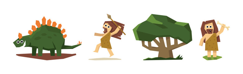Prehistoric Stone Age People Characters and Caveman Vector Set