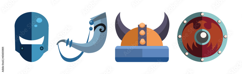 Poster viking and warrior game icon and battle object vector set