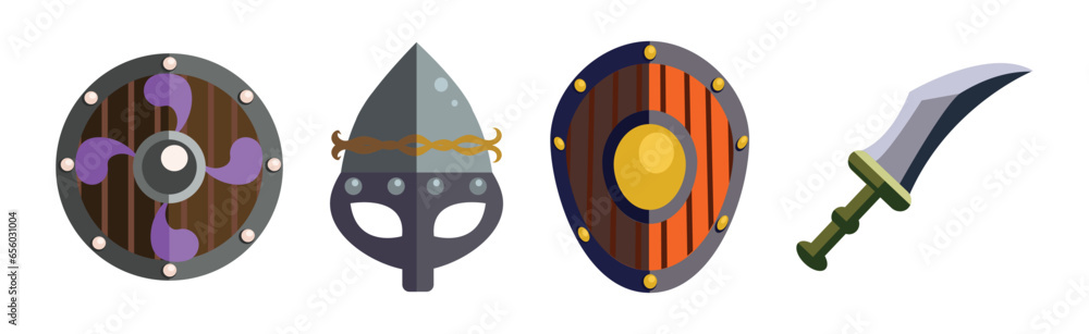 Poster viking and warrior game icon and battle object vector set