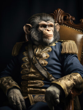 Portrait of a monkey in historical general's costume. Sitting in a chair
